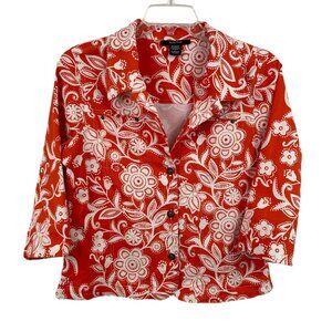 Kaktus Jacket Women Size L Orange White Floral 3/4 Length Sleeves Metal Buttons